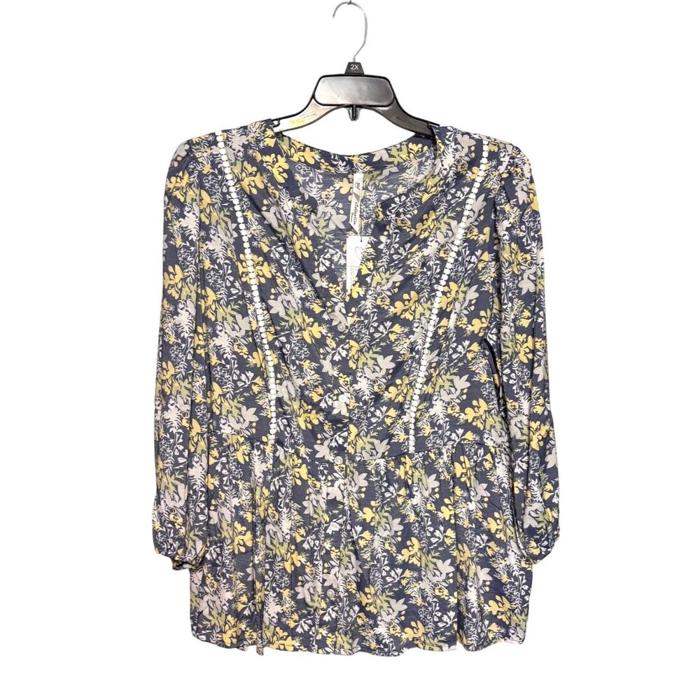 NY Collection Womens Plus Size 1X Blue Floral Long Sleeve Blouse Cottagecore